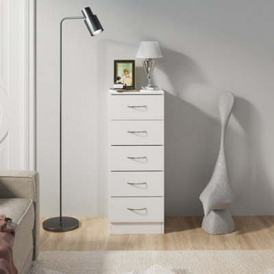 B&Q -  Chest Of Drawers Bedroom Furniture Bedside Cabinet With Handle 5 Tall Narrow Drawer White 34.5X36X90Cm