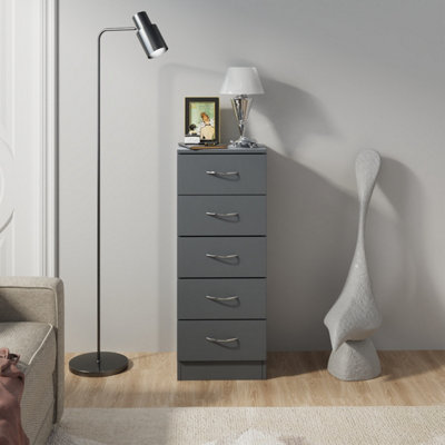 B&Q -  Chest Of Drawers Bedroom Furniture Bedside Cabinet With Handle 5 Tall Narrow Drawer Grey 34.5X36X90Cm