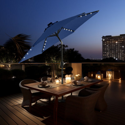 B&Q -  2.5M Blue Garden Parasol Umbrella With Solar Led Lights And Crank Tilt Function Outdoor Patio