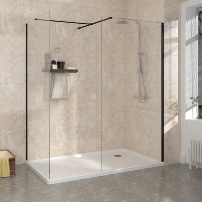 Sundaze Matte Black 8mm Walk In Shower Enclosure Wet Room Glass Screen Pack 1100mm And 800mm Panels from B&Q