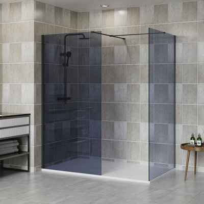 Sundaze Matte Black 8mm Walk In Shower Enclosure Wet Room Grey Glass Screen Pack 1100mm And 760mm Panels from B&Q