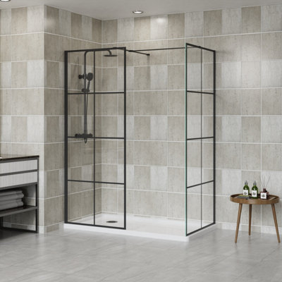 Sundaze Black Grid 8mm Walk In Shower Enclosure Wet Room Glass Screen Pack 900mm And 760mm Panels from B&Q