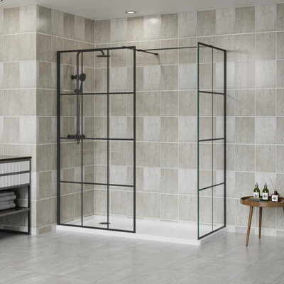 Sundaze Black Grid 8mm Walk In Shower Enclosure Wet Room Glass Screen Pack 1100mm And 800mm Panels from B&Q