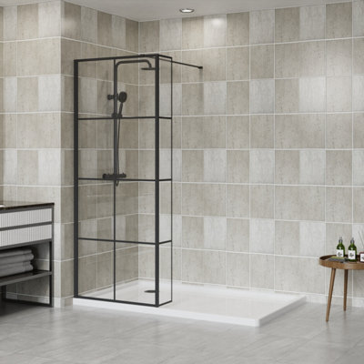 B&Q -  Black Grid Walk In Shower Enclosure Wet Room 800mm Glass Screen With 300mm Return Panel