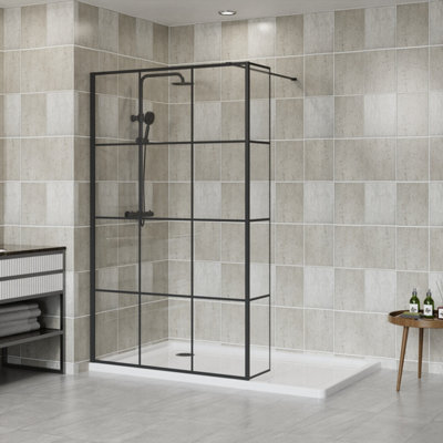 B&Q -  Black Grid Walk In Shower Enclosure Wet Room 1000mm Glass Screen With 300mm Return Panel