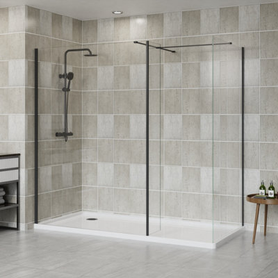 B&Q -  Matte Black Walk In Shower Enclosure Wet Room Glass Screen 1400mm & 760mm With 300mm Return Panel