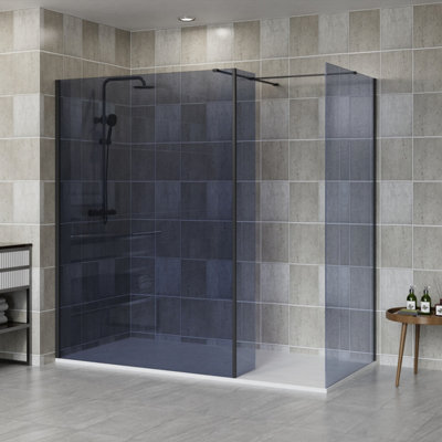 B&Q -  Matte Black Walk In Shower Enclosure Wet Room Grey Glass Screen 1400mm & 900mm With 215mm Return Panel