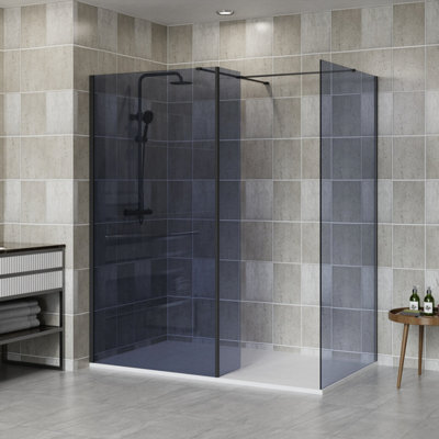 B&Q -  Matte Black Walk In Shower Enclosure Wet Room Grey Glass Screen 1000mm & 760mm With 300mm Return Panel
