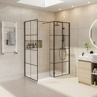 Sundaze Black Grid Walk In Shower Enclosure Wet Room Glass Screen 700mm & 700mm With 215mm Return Panel from B&Q