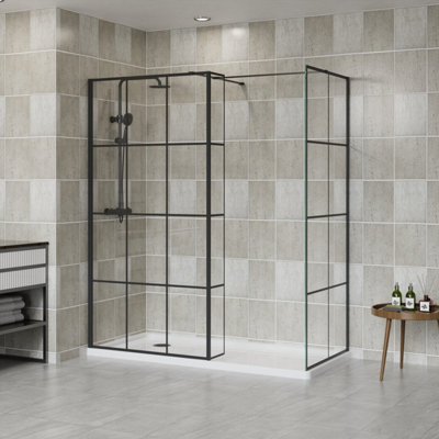 B&Q -  Black Grid Walk In Shower Enclosure Wet Room Glass Screen 1000mm & 700mm With 300mm Return Panel