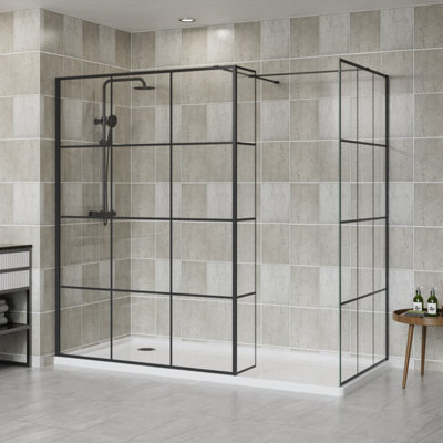 B&Q -  Black Grid Walk In Shower Enclosure Wet Room Glass Screen 1400mm & 700mm With 300mm Return Panel