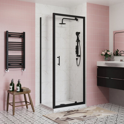 Sundaze Bathroom 760mm Pivot Door Shower Enclosure Matte Black Framed 900mm With Side Panel from B&Q