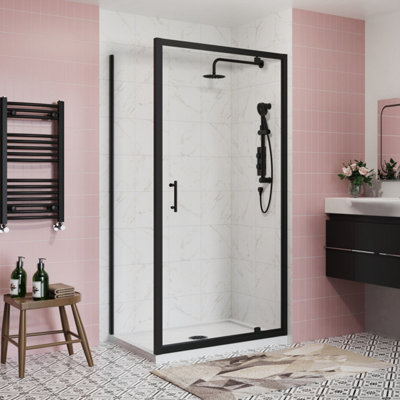 Sundaze Bathroom 1000mm Pivot Door Shower Enclosure Matte Black Framed 760mm With Side Panel from B&Q
