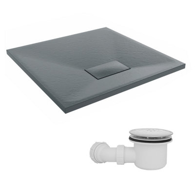 Sundaze 700 X 700mm Smc Anthracite Square Slate Effect Shower Tray With Fluidmaster 90mm Fast Flow Waste from B&Q