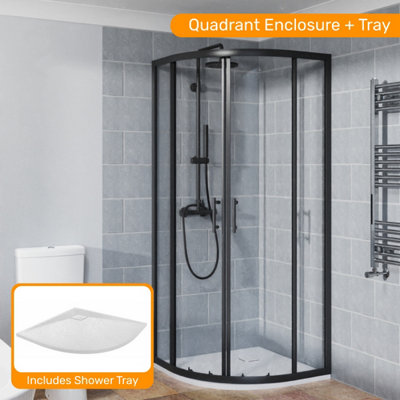 Sundaze Matte Black 800 X 800mm Quadrant Shower Enclosure Sliding Door With White Slate Effect Shower Tray