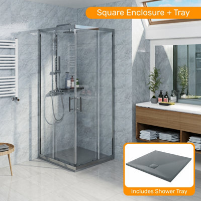 Sundaze Chrome 800 X 800mm Square Shower Enclosure Corner Entry Sliding Door With Anthracite Slate Effect Shower Tray