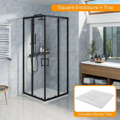 Sundaze Matte Black 800 X 800mm Square Shower Enclosure Corner Entry Sliding Door With White Slate Effect Shower Tray