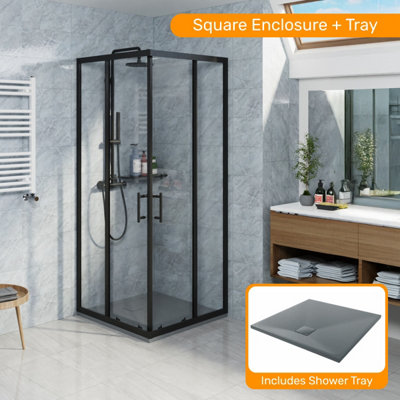 Sundaze Matte Black 800 X 800mm Square Shower Enclosure Corner Entry Sliding Door With Anthracite Slate Effect Shower Tray