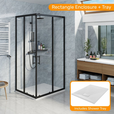 Sundaze Matte Black 1000 X 800mm Rectangular Shower Enclosure Corner Entry Sliding Door With White Slate Effect Shower Tray