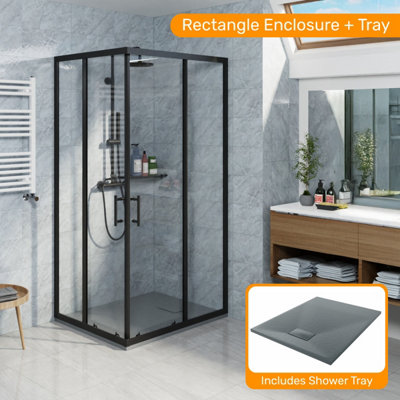 Sundaze Matte Black 1000 X 800mm Rectangular Shower Enclosure Corner Entry Sliding Door With Anthracite Slate Effect Shower Tray
