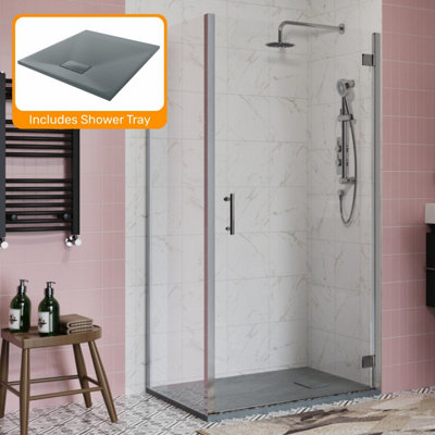 Sundaze Chrome 900mm Hinged Door 800mm Side Panel Screen Shower Enclosure Cubicle With Anthracite Slate Effect Shower Tray from B&Q