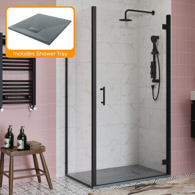 Sundaze Black 900mm Hinged Door 800mm Side Panel Screen Shower Enclosure Cubicle With Anthracite Slate Effect Shower Tray from B&Q