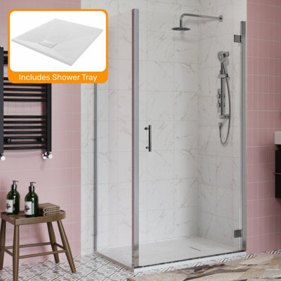 Sundaze Chrome 1000mm Hinged Door 900mm Side Panel Screen Shower Enclosure Cubicle With White Slate Effect Shower Tray from B&Q