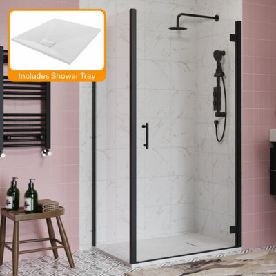 Sundaze Black 1000mm Hinged Door 900mm Side Panel Screen Shower Enclosure Cubicle With White Slate Effect Shower Tray from B&Q