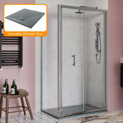 Sundaze Chrome 900mm Bi-Fold Door 800mm Side Panel Screen Shower Enclosure Cubicle With Anthracite Slate Effect Shower Tray from B&Q