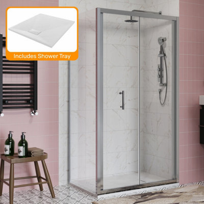 Sundaze Chrome 1000mm Bi-Fold Door 900mm Side Panel Screen Shower Enclosure Cubicle With White Slate Effect Shower Tray from B&Q