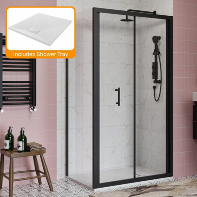 Sundaze Black 1000mm Bi-Fold Door 900mm Side Panel Screen Shower Enclosure Cubicle With White Slate Effect Shower Tray from B&Q