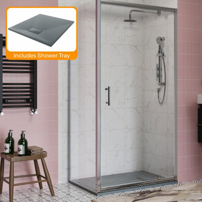 Sundaze Chrome 900mm Pivot Door 800mm Side Panel Screen Shower Enclosure Cubicle With Anthracite Slate Effect Shower Tray from B&Q