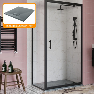 Sundaze Black 900mm Pivot Door 800mm Side Panel Screen Shower Enclosure Cubicle With Anthracite Slate Effect Shower Tray from B&Q