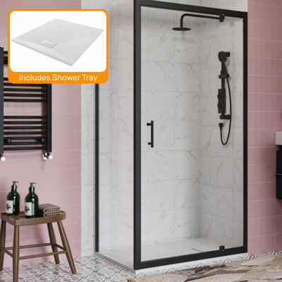 Sundaze Black 1000mm Pivot Door 900mm Side Panel Screen Shower Enclosure Cubicle With White Slate Effect Shower Tray from B&Q