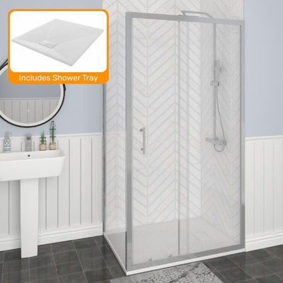 Sundaze Chrome 1000mm Sliding Door 900mm Side Panel Screen Shower Enclosure Cubicle With White Slate Effect Shower Tray from B&Q