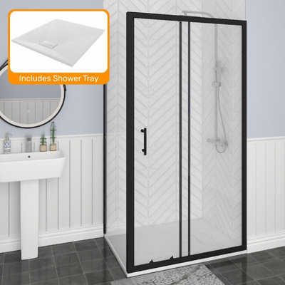 Sundaze Black 1000mm Sliding Door 900mm Side Panel Screen Shower Enclosure Cubicle With White Slate Effect Shower Tray from B&Q