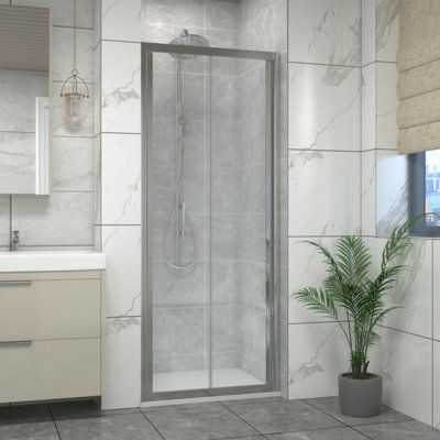 Sundaze Chrome Framed Bi-Fold Shower Enclosure Door (W)700mm With White 700X700mm Shower Tray from B&Q