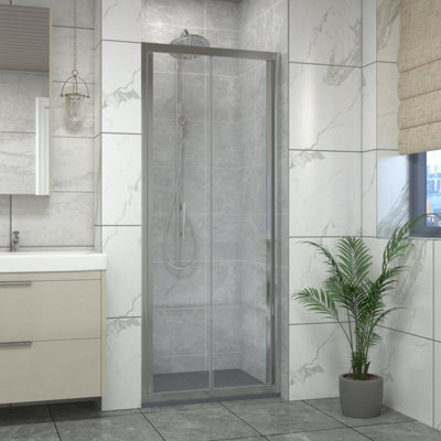 Sundaze Chrome Framed Bi-Fold Shower Enclosure Door (W)700mm With Anthracite 1000X700mm Shower Tray from B&Q