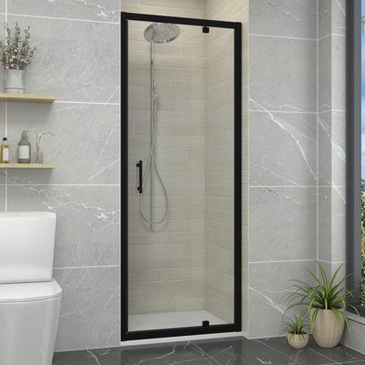 Sundaze Matt Black Pivot Door Shower Enclosure (W)800mm With White 800X700mm Shower Tray from B&Q