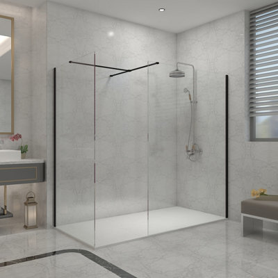 Sundaze Matte Black 8mm Walk In Shower Enclosure Wet Room Glass Screen 1100mm & 900mm Panels With 1500X900mm White Shower Tray from B&Q