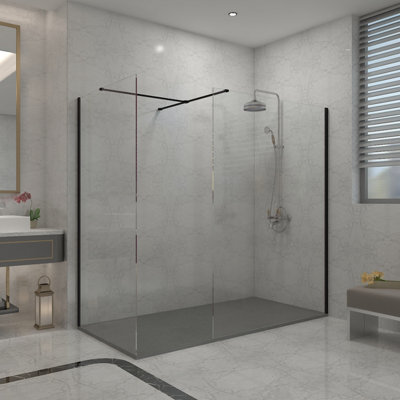 Sundaze Matte Black 8mm Walk In Shower Enclosure Wet Room Glass Screen 1200mm & 760mm With 1600X800mm Anthracite Shower Tray from B&Q