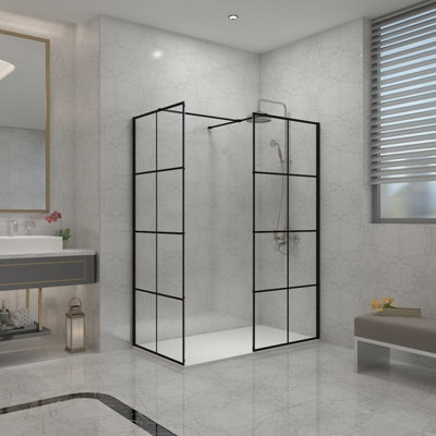 Sundaze Black Grid 8mm Walk In Shower Enclosure Wet Room Glass Screen 900mm & 800mm Panels With 1400X800mm White Shower Tray from B&Q