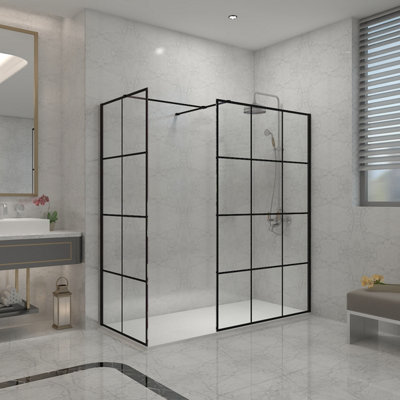 Sundaze Black Grid 8mm Walk In Shower Enclosure Wet Room Glass Screen 1100mm & 900mm Panels With 1600X900mm White Shower Tray from B&Q