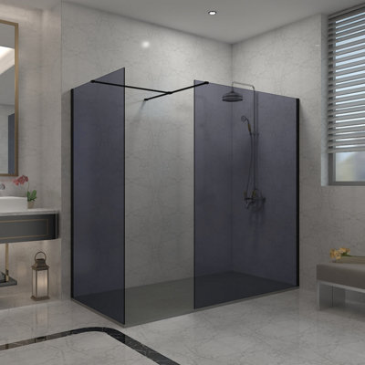 Sundaze Matte Black 8mm Walk In Shower Enclosure Wetroom Grey Glass Screen 1200mm & 700mm With 1800X700mm Anthracite Shower Tray from B&Q