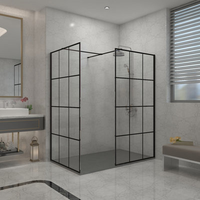 Sundaze Black Grid 8mm Walk In Shower Enclosure Wet Room Glass Screen 1000mm & 1000mm With 1400X1000mm Anthracite Shower Tray from B&Q