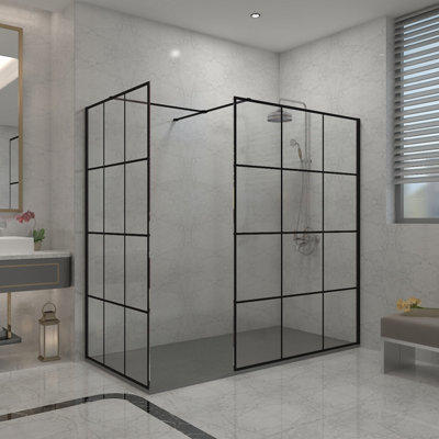 Sundaze Black Grid 8mm Walk In Shower Enclosure Wet Room Glass Screen 1100mm & 1000mm With 1500X1000mm Anthracite Shower Tray from B&Q