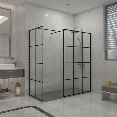 Sundaze Black Grid 8mm Walk In Shower Enclosure Wet Room Glass Screen 1200mm & 700mm With 1600X700mm Anthracite Shower Tray from B&Q