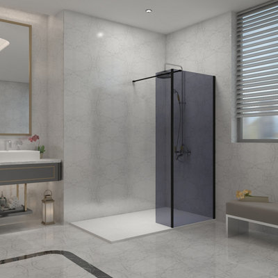 B&Q -  Black Walk In Shower Enclosure Wet Room Grey Glass 760mm & 300mm Return Panel With 1300X800mm White Smc Shower Tray