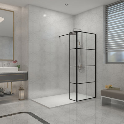 B&Q -  Black Grid Walk In Shower Enclosure Wet Room Glass 760mm & 300mm Return Panel With 1300X800mm White Smc Shower Tray