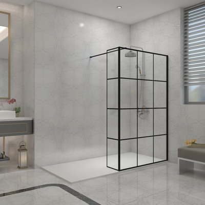 Sundaze Black Grid Walk In Shower Enclosure Wet Room Glass 1100mm & 300mm Return Panel With 1600X900mm White Smc Shower Tray from B&Q